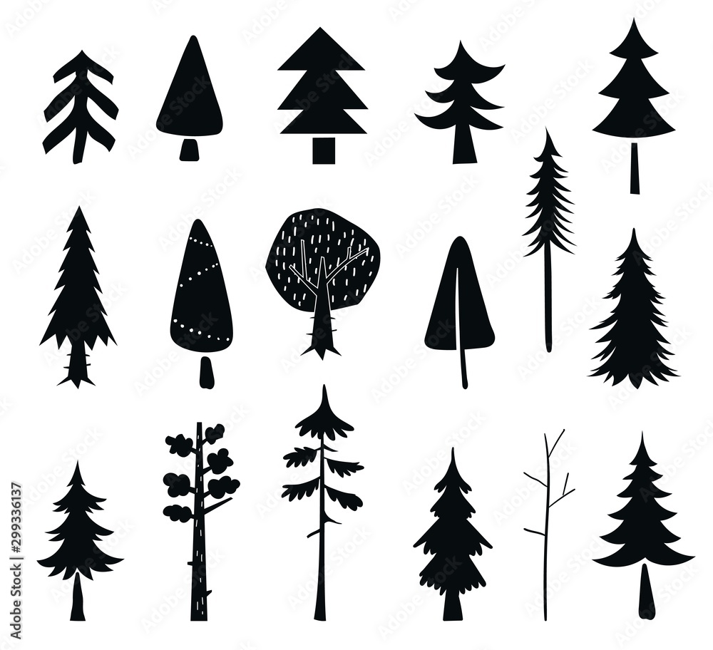 Obraz premium Set of tree icons. Black silhouet isolated on a white background. Winter pines in the forest.