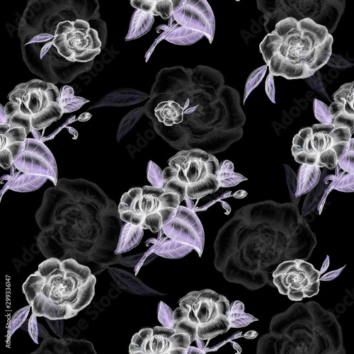 Flowers seamless pattern. Hand-drawn, abstract floral motif on black background. Design for print, card invitation, wedding, Women's Day, gift paper, wrapping design and decor. Trendy. Spring. Summer