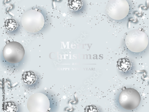 Christmas silver background with realistic  balls and fir cones . Vector top view illustration. 