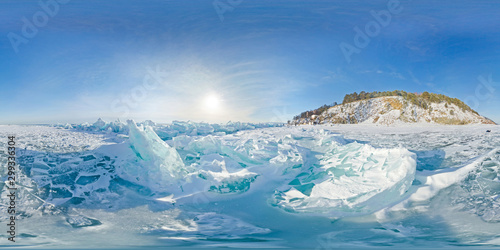 Blue hummocks of winter Lake Baikal in the afternoon under a blue sky. Spherical panorama 360vr