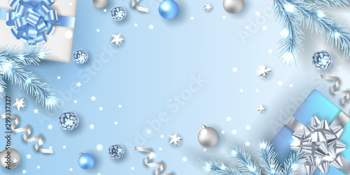 Christmas blue background with realistic gift boxes and balls. Vector top view illustration. 