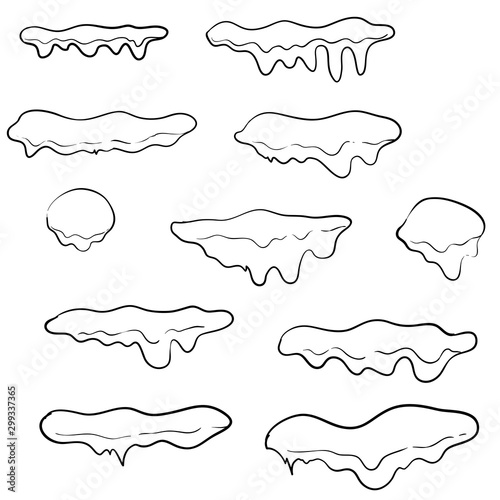 Snow caps. Snowballs and snow drifts winter decoration snowy elements. Christmas cartoon vector isolated set with doodle style