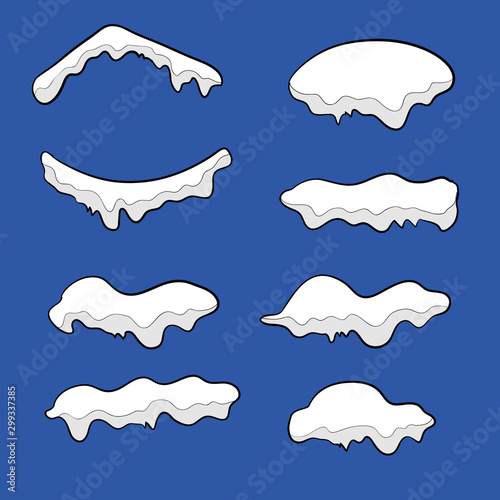 Snow caps. Snowballs and snow drifts winter decoration snowy elements. Christmas cartoon vector isolated set with doodle style