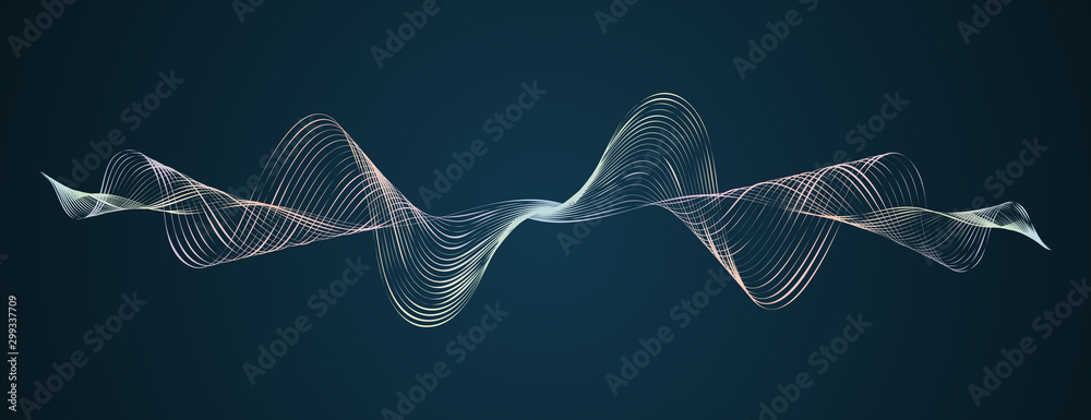 Soundwave smooth curved lines Abstract design element Technological dark background with a line in waveform Stylization of a digital equalizer Smooth flowing wave lines soundwave Vector graphic - obrazy, fototapety, plakaty 
