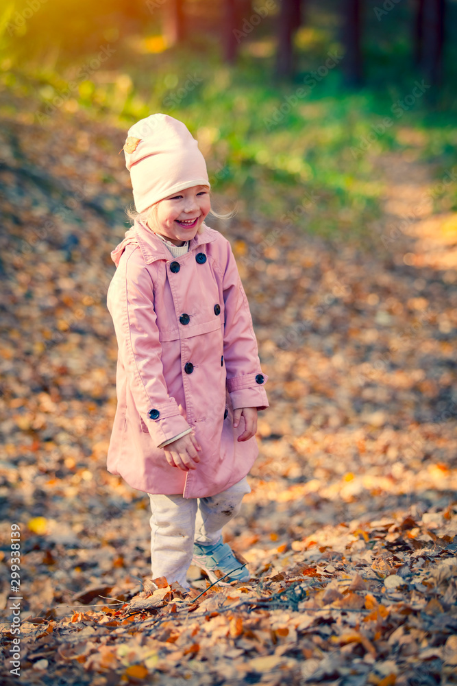 Little happy girl in autumn park. The four-year cheerful girl walking in the forest during bright sunset in autumn Little happy girl in autumn park. The four-year cheerful girl walking in the forest during bright sunset in autumn
