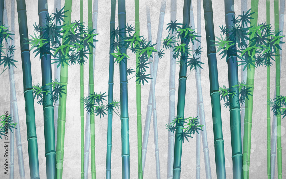 Green bamboo with leaves on a gray spotted background
