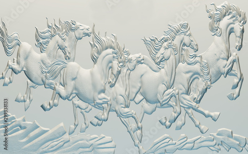 3d illustration, light background, images of horses in a bas-relief