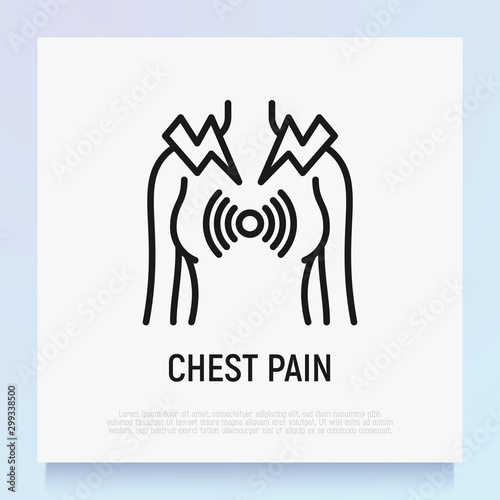 Chest pain thin line icon. Heart attack, bronchitis or asthma. Modern vector illustration.