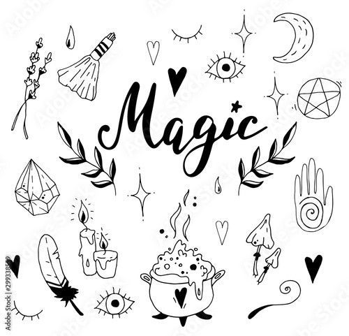 Hand drawn doodle magic set with witchcraft symbols. Vector doodles illustrations