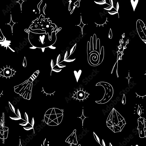 Seamless pattern with hand drawn doodle magic and witchcraft symbols on black background. Vector doodles illustrations