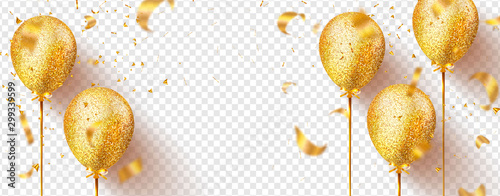 Fotografia Golden balloons with sparkles and flying confetti isolated on transparent background