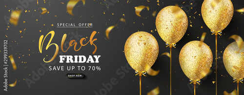Black friday sale background with beautiful golden balloons and flying serpentine. Modern design.Universal vector background for poster, banners, flyers, card,advertising brochure