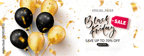 Black friday sale background with beautiful balloons and flying serpentine. Modern design.Universal vector background for poster, banners, flyers, card,advertising brochure
