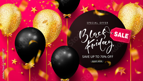 Black friday sale background with beautiful balloons and flying serpentine. Modern design.Universal vector background for poster, banners, flyers, card,advertising brochure.