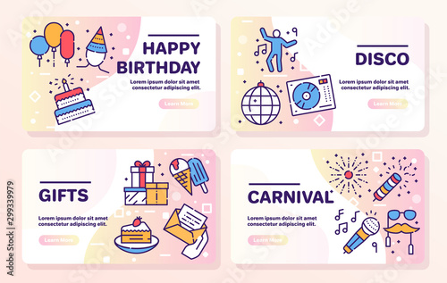 Birthday items color linear icons set