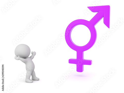3D Character looking cheerful at transgender symbol