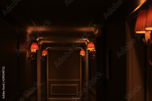 Dark Hotel Corridor with Old Fashion Lights