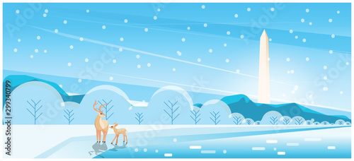 Panorama view of winter of National mall USA Washington DC monument with night sky and deer,Vector winter landscape, Panoramic city dusk landscape of USA famous skyline panoramic.