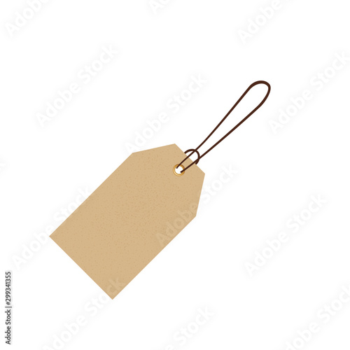 Blank gift box tag or sale shopping label with rope. Brown paper kraft realistic material. Empty organic style sticker. Design isolated