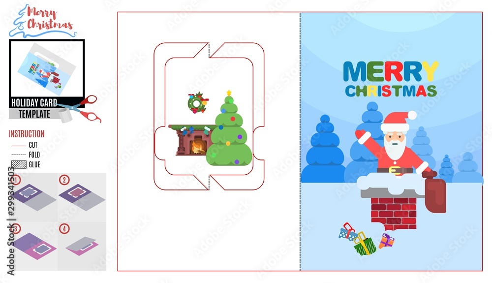 Christmas card. Santa in the chimney with gifts Christmas card. Santa in the chimney with gifts