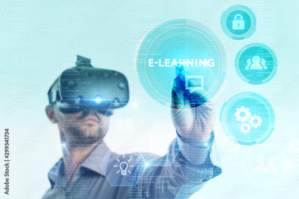 Business, Technology, Internet and network concept. Young businessman working on a virtual screen of the future and sees the inscription: Business, Technology, Internet and network concept. Young businessman working on a virtual screen of the future and sees the inscription: