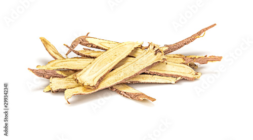 Slice Licorice roots on white background