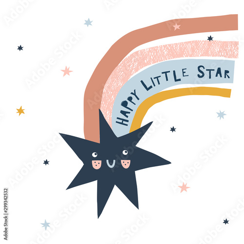 Happy little kawaii star character with colorful stripy comet tail on starry background. Scandinavian style childish space illustration with paper cut text isolated on white in vector. Nursery poster