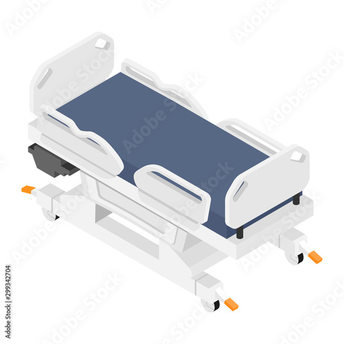 Mobile hospital medical bed isometric view isolated on white background.
