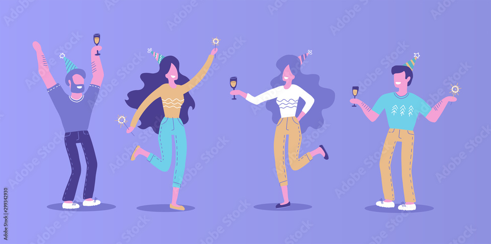 Hand drawn People on the party. Men and women in festive hats with champagne sparkler in their hands. Boys and girls dancing and having fun. Hand drawn flat illustration on violet background