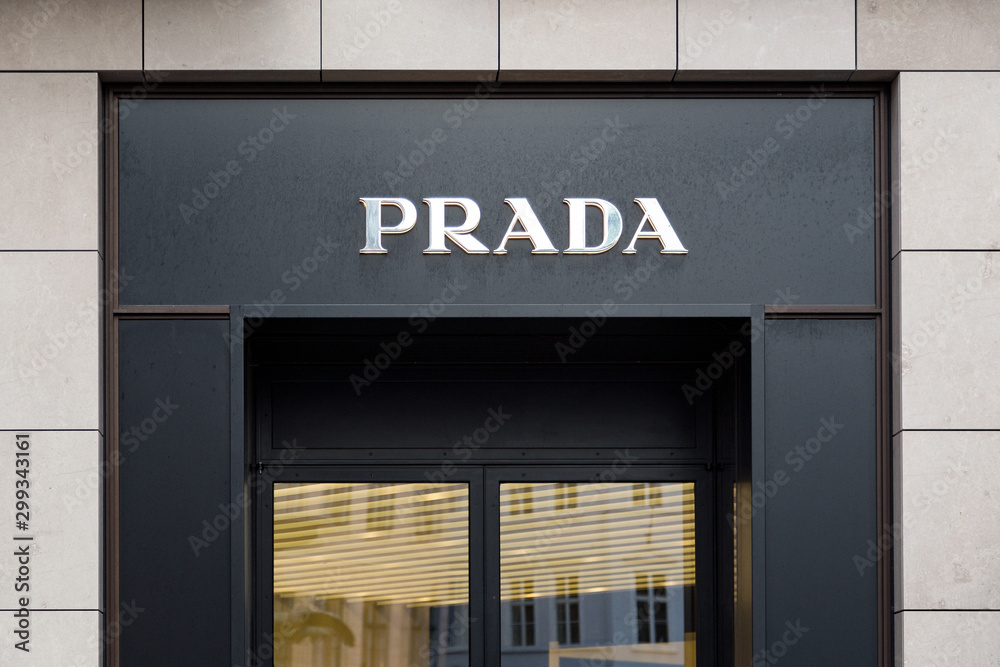 Prada store entrance. Prada brand logo logotype. Prada Italian luxury  fashion house. Stock Photo | Adobe Stock
