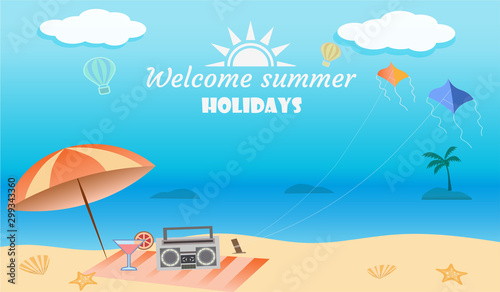 Vector of summer beach activity concept, welcome to holiday summer