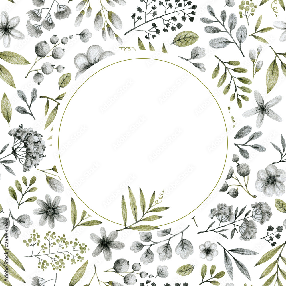 Obraz premium green and gray leaves branches and flowers, freehand drawing in pencil illustration, round frame template for design and logo of the invitation wedding, background