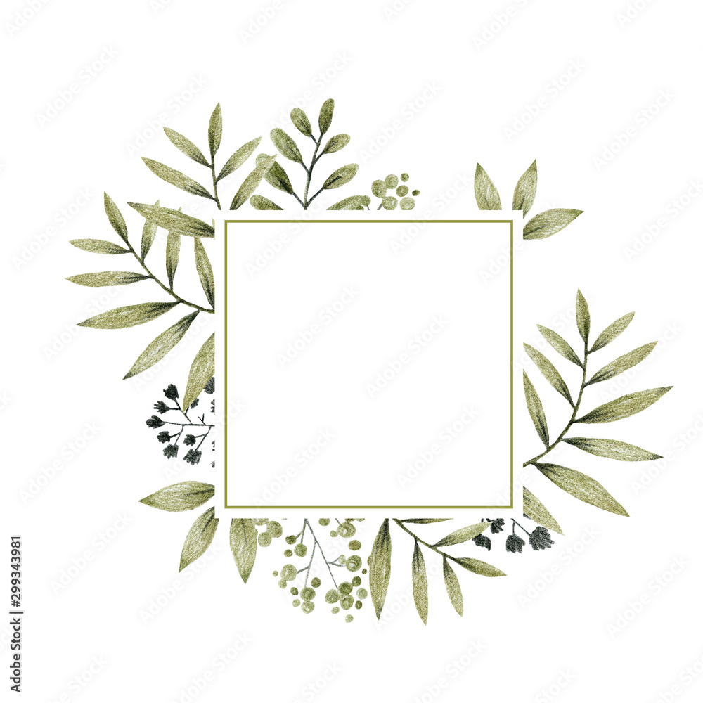 geometric shape frame, green and gray leaves branches and flowers, freehand drawing in pencil illustration, template for design and logo of the invitation wedding, background