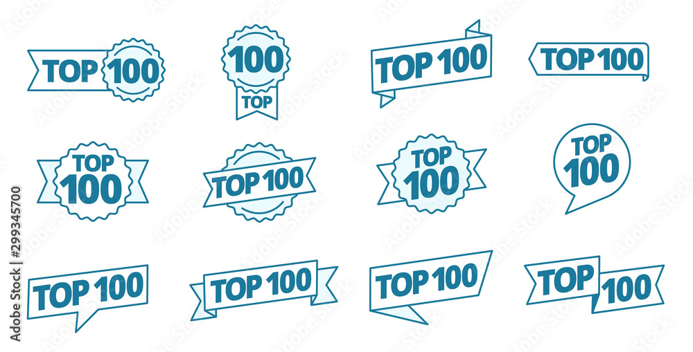 Top 100 heading title icon set. Best hundred list. Word on ribbon. Winner tape award text title template. Contour blue line. - obrazy, fototapety, plakaty 