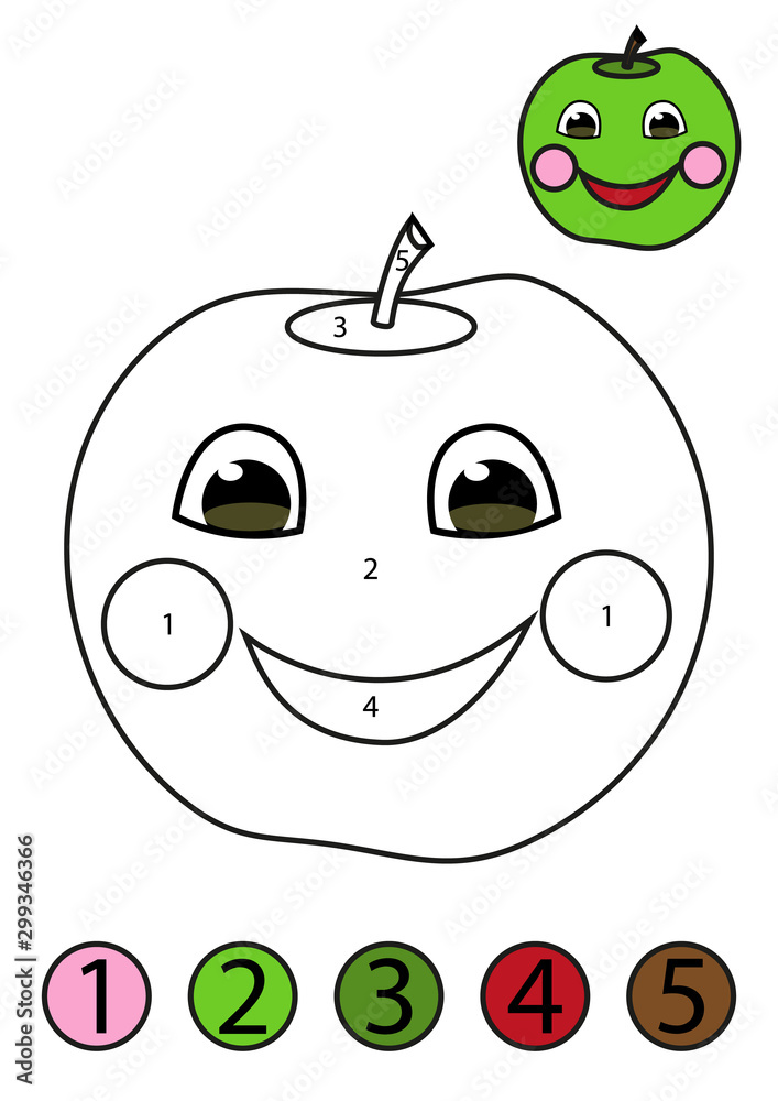 Obraz premium Coloring concept. Funny friendly apple coloring page with number of color.