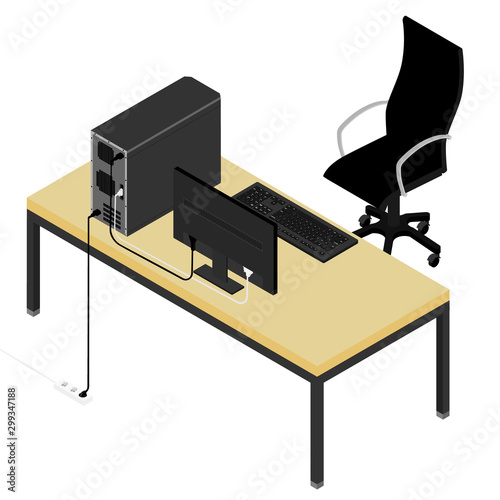Working place desk and office chair. Personal computer on the desk in the office. New employee, co-worker to the team