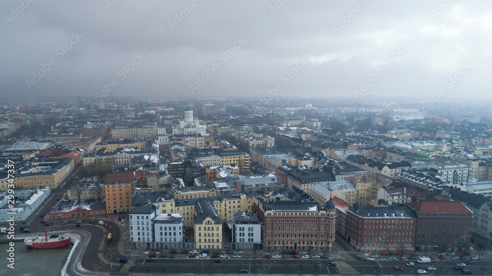 Aerial photo of Helsinki Cathedral, Finland on cloudy day.