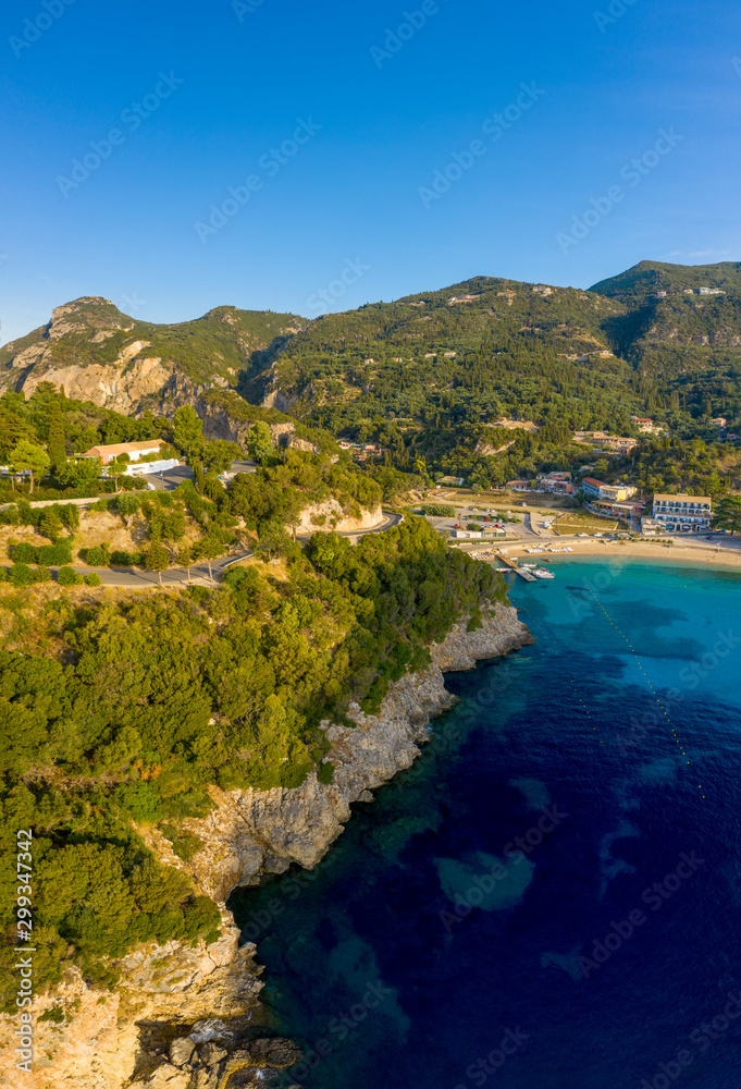 Aerial view on Paleokastritsa, Corfu beach