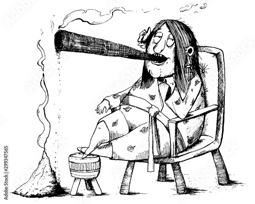Old lady smokes a cigar and beside her a large pile of ash. Funny cartoon character. Vector illustration