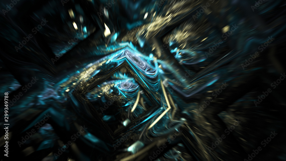Abstract holiday background with blurred rays and sparkles. Fantastic blue and golden light effect. Digital fractal art. 3d rendering.