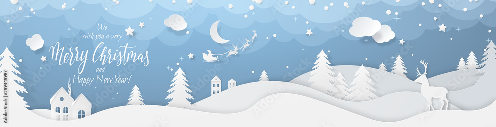 Zimowy pejzaż z wycinanką z papieru jelenia i jodłami w śniegu. Świąteczny poziomy baner z tekstem Wesołych Świąt, wsi i latające sanie Świętego Mikołaja na nocnym niebie z gwiazdami, śniegiem i księżycem. <span>plik: #299349987 | autor: aerynrei</span>