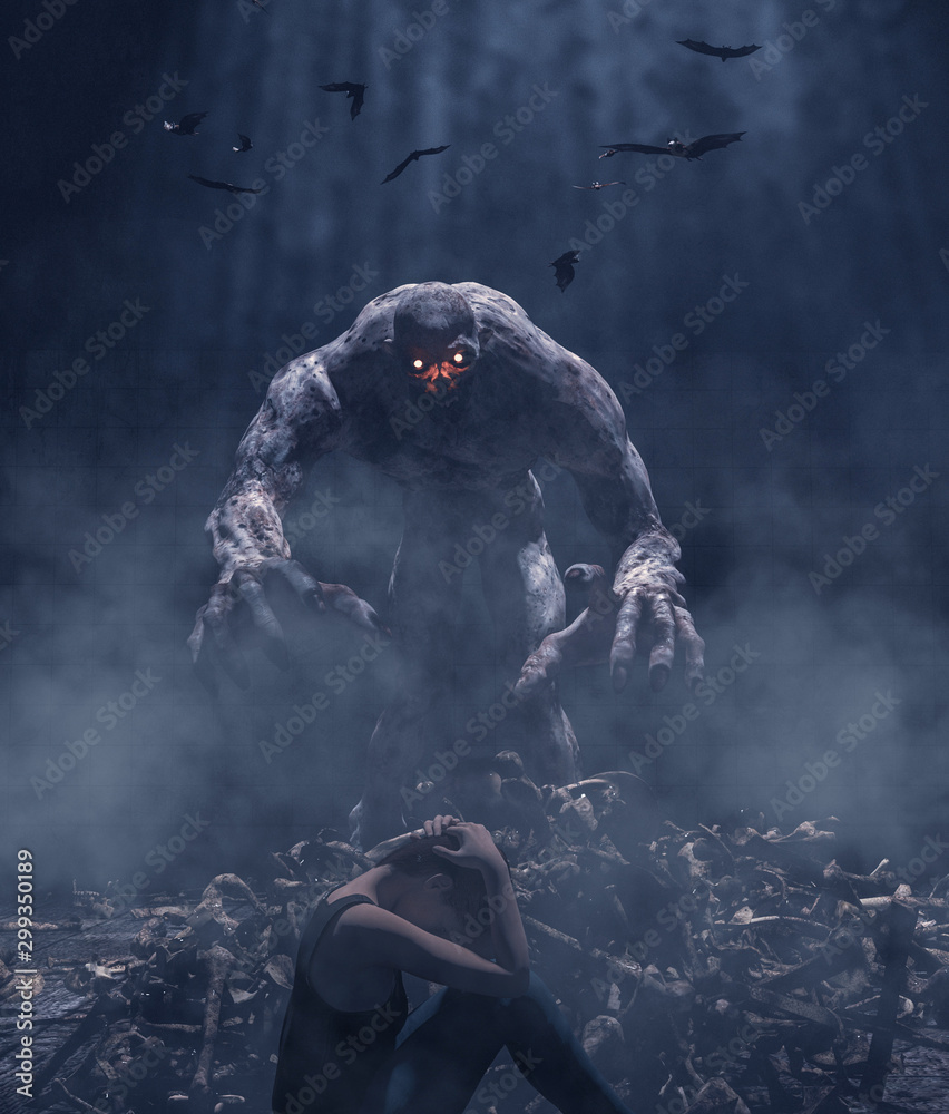 Girl hiding from Monster,3d illustration Stock イラスト Adobe Stock