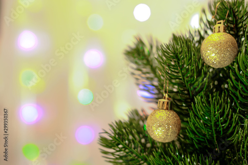 Two small cristmas-tree balls with golden glitter hang on needles of lush green Christmas tree branch. The background is blurred  bokeh