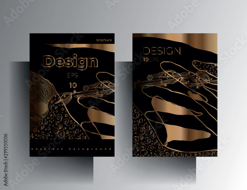 Set of design templates for cover, brochure, poster, card, background. Gold texture on a black background is manually drawn. Vector 10 EPS. A4 format.