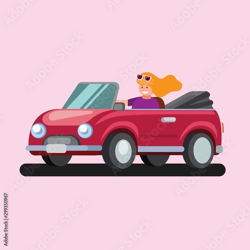 young happy woman driving cabriolet car flat illustration vector concept