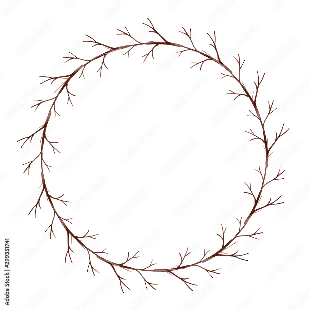 Watercolor Autumn Wreath of branches on a white background