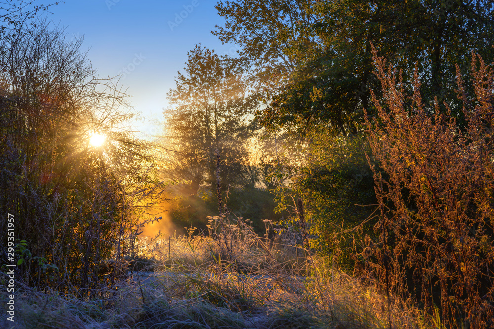 sunrise on the countryside in a natural landscape on a cold autumn morning