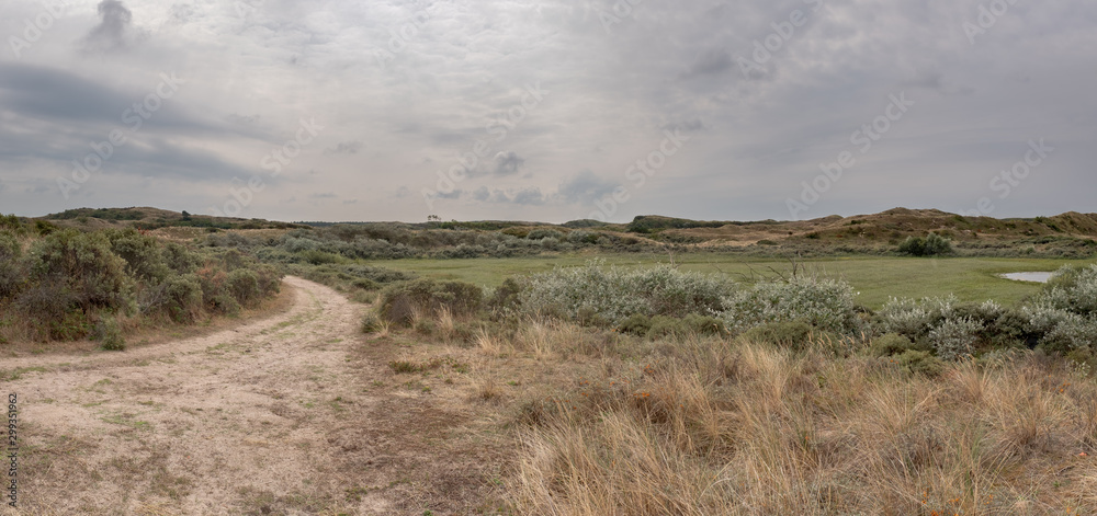 Panoramic view of a dune valley and a sandy path Panoramic view of a dune valley and a sandy path