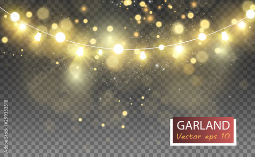 Christmas bright, beautiful lights, design elements. Glowing lights for design of Xmas greeting cards. Garlands, light Christmas decorations.