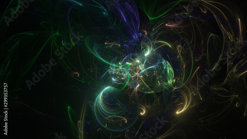 Abstract green and blue fiery shapes. Fantasy light background. Digital fractal art. 3d rendering.